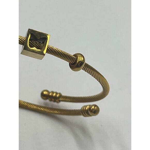 Roman Numeral Geometric Green Charms Gold Tone Stainless Steel Bangle Bracelet - Picture 3 of 10